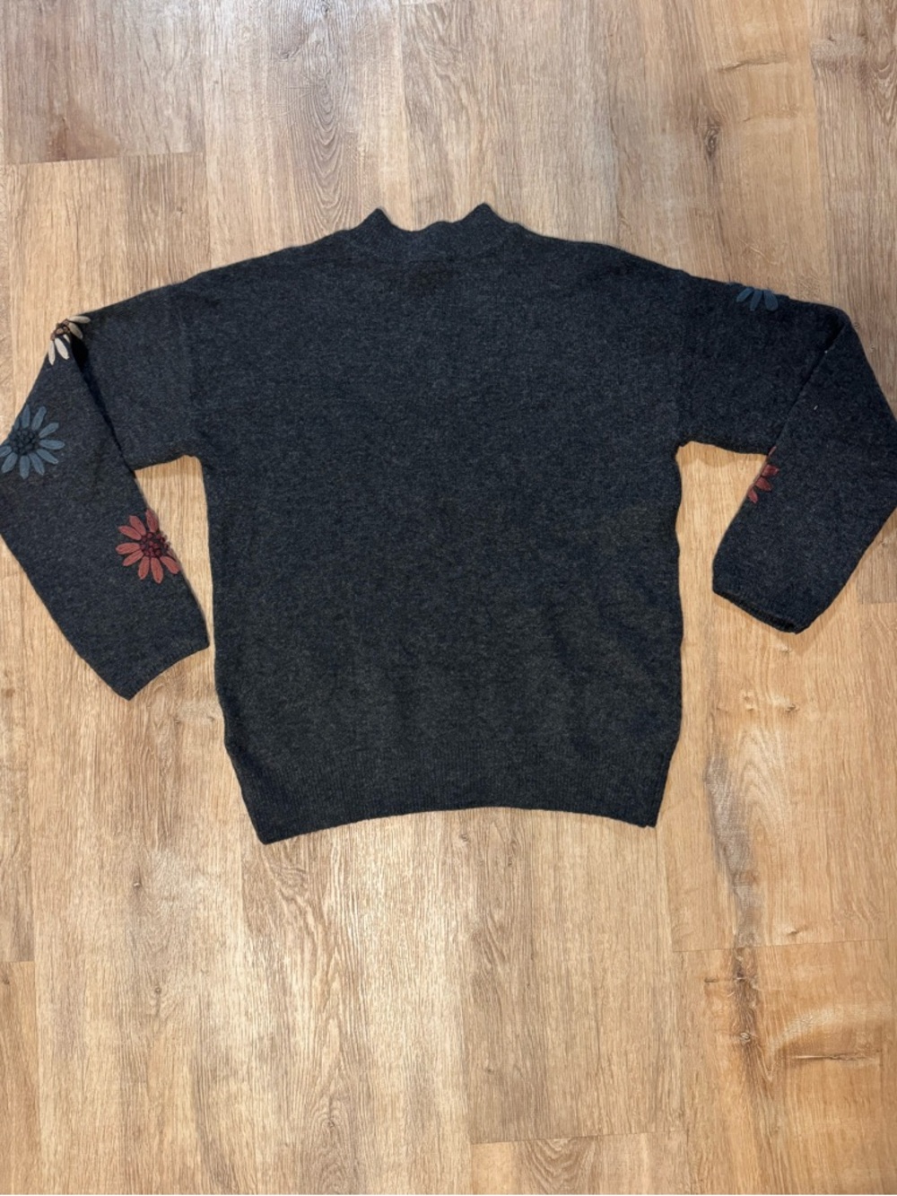 CHARLIE B Charcoal Crewneck Sweater with Multicolor Floral Embroidery - Picture 7 of 11